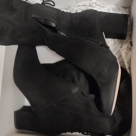 ALDO Adessi Over Knee Thigh High Block Heel Bow Tie Zip Black Suede Boots 8.5/39 - Picture 6 of 13